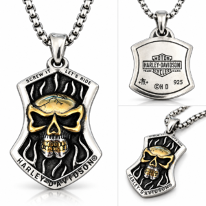 Gold Skull Shield Pendant Front motorcycle rider inspired jewelry