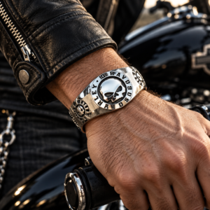 Motorcycle emblem chain bracelet in black presentation box