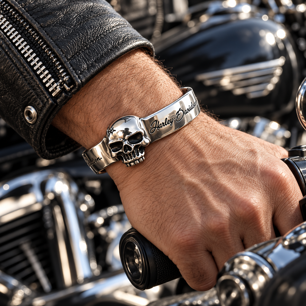 Ornate biker cuff bracelet worn on wrist