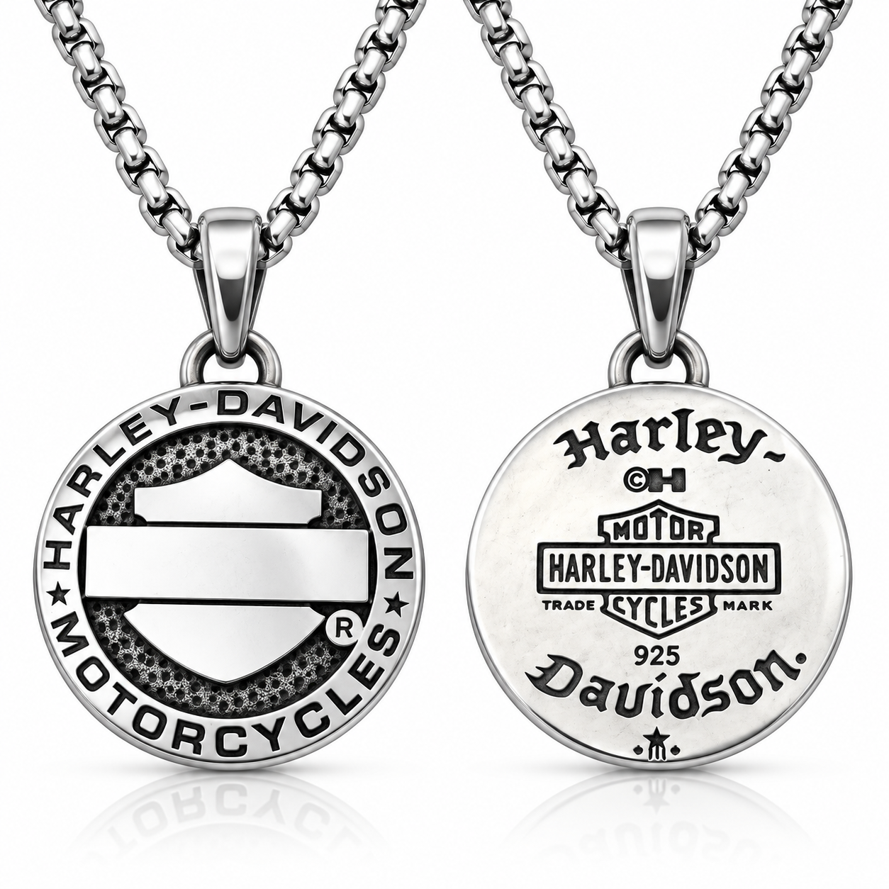 Round Shield Necklace Front and Back motorcycle rider inspired jewelry