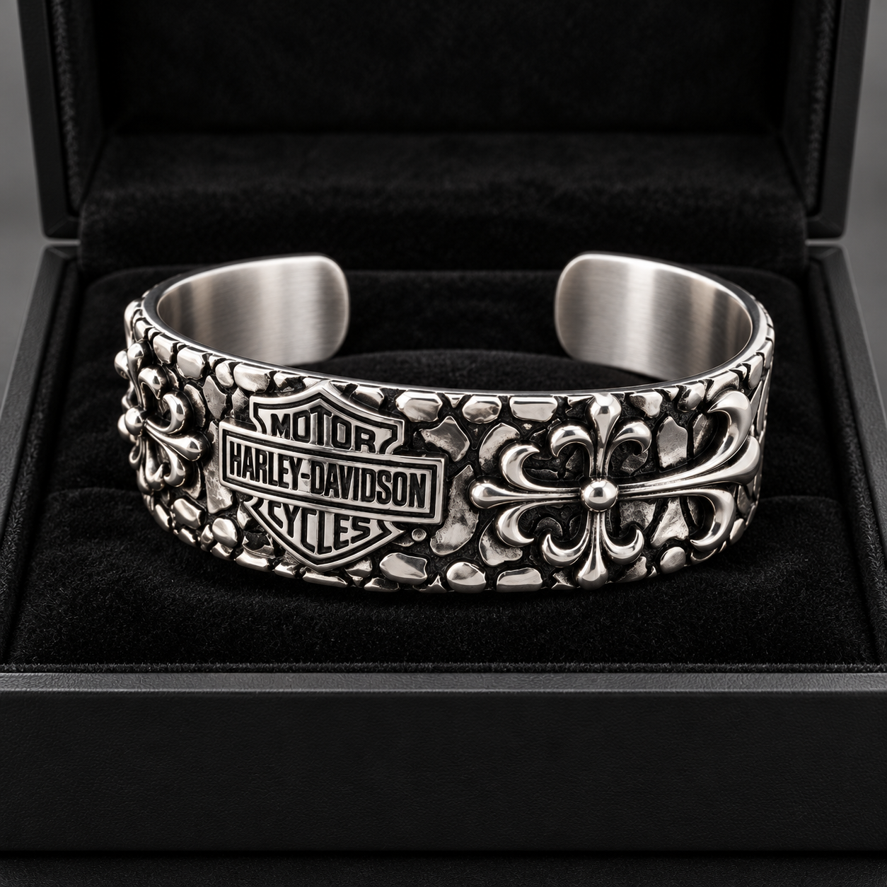 Skull emblem biker cuff bracelet on wrist