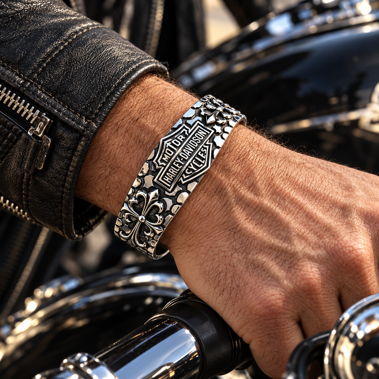 Skull motif biker cuff in black box
