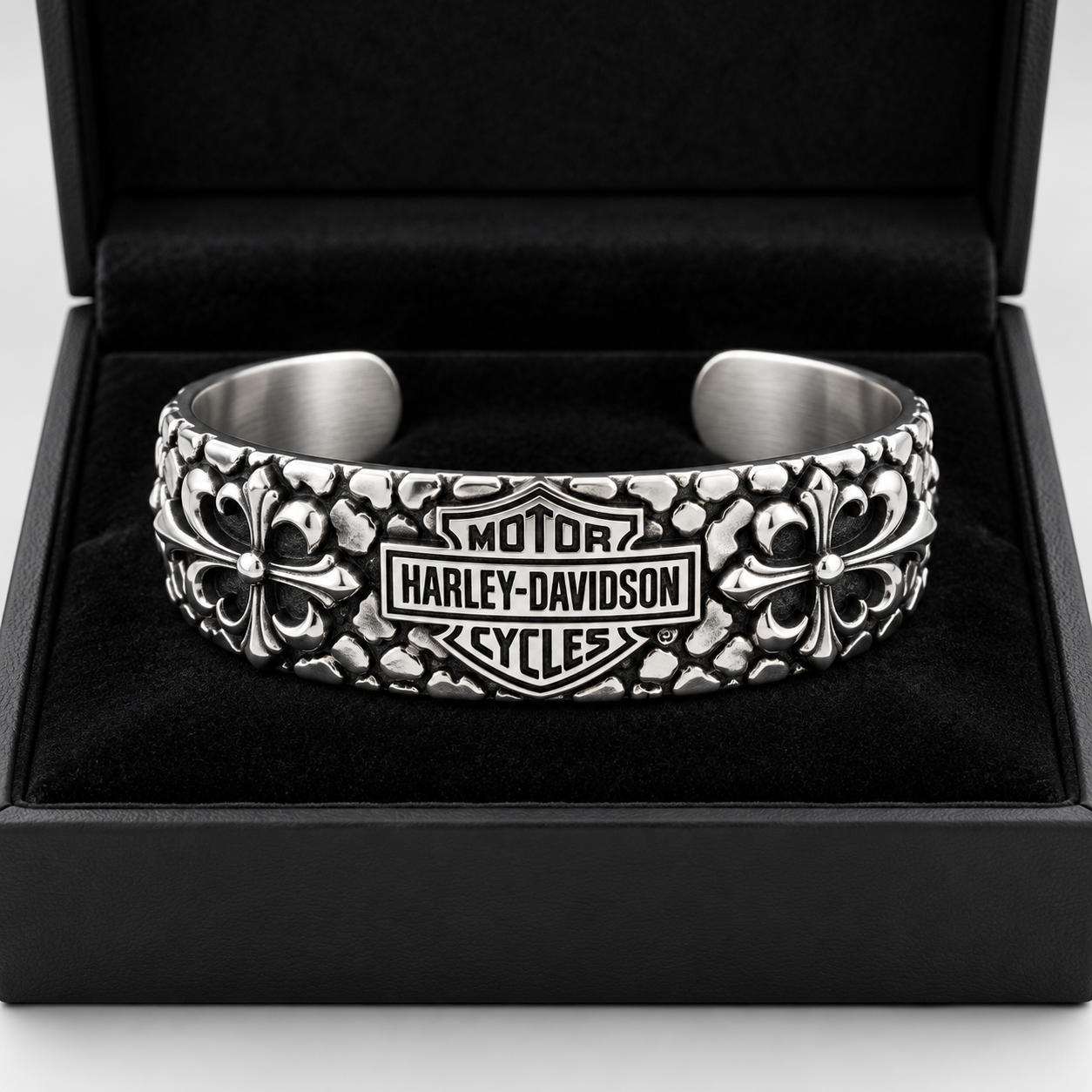 Skull cuff biker bracelet on motorcycle rider wrist