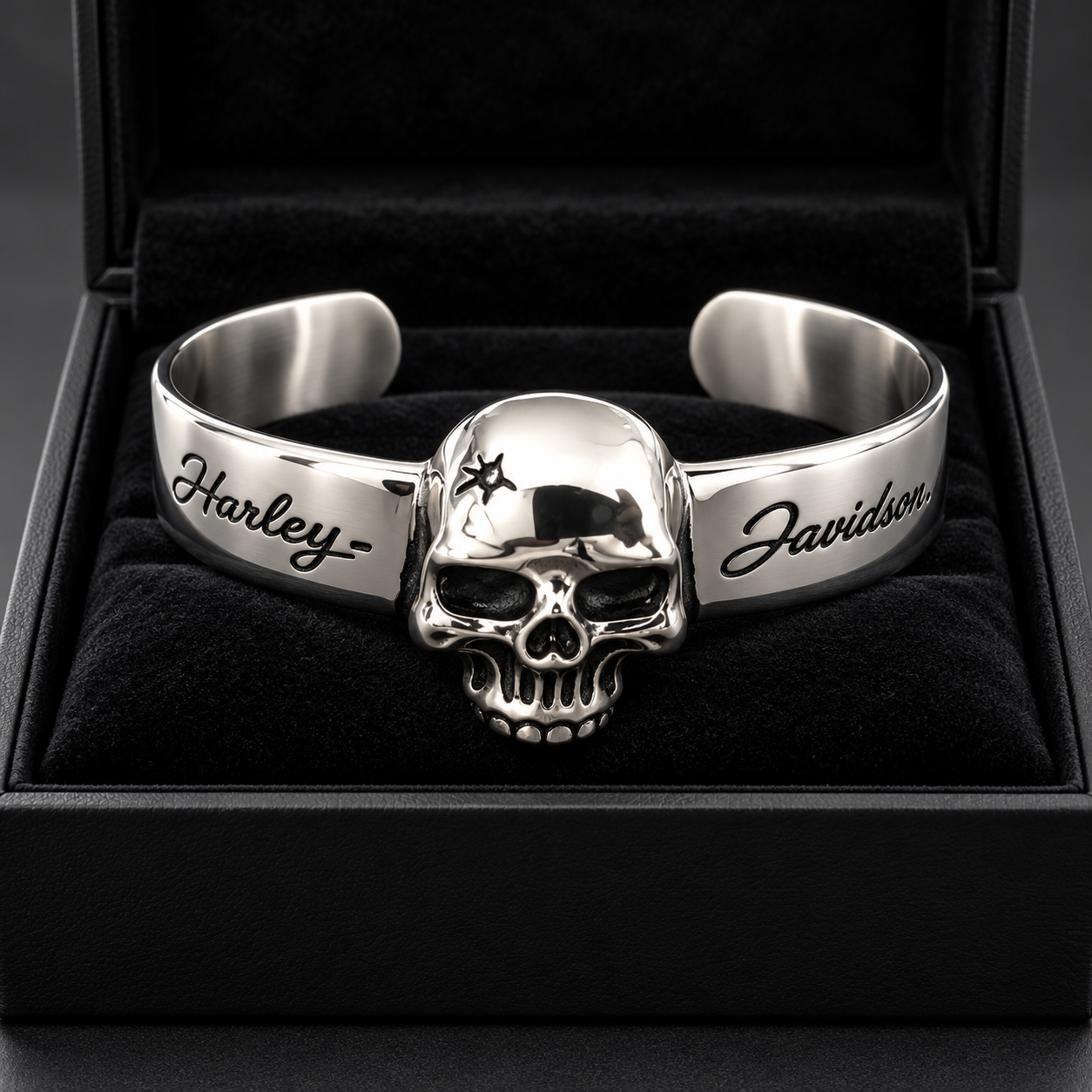 Skull emblem biker cuff bracelet worn on wrist
