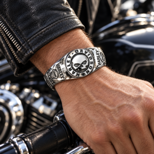 Skull emblem biker chain bracelet in presentation box